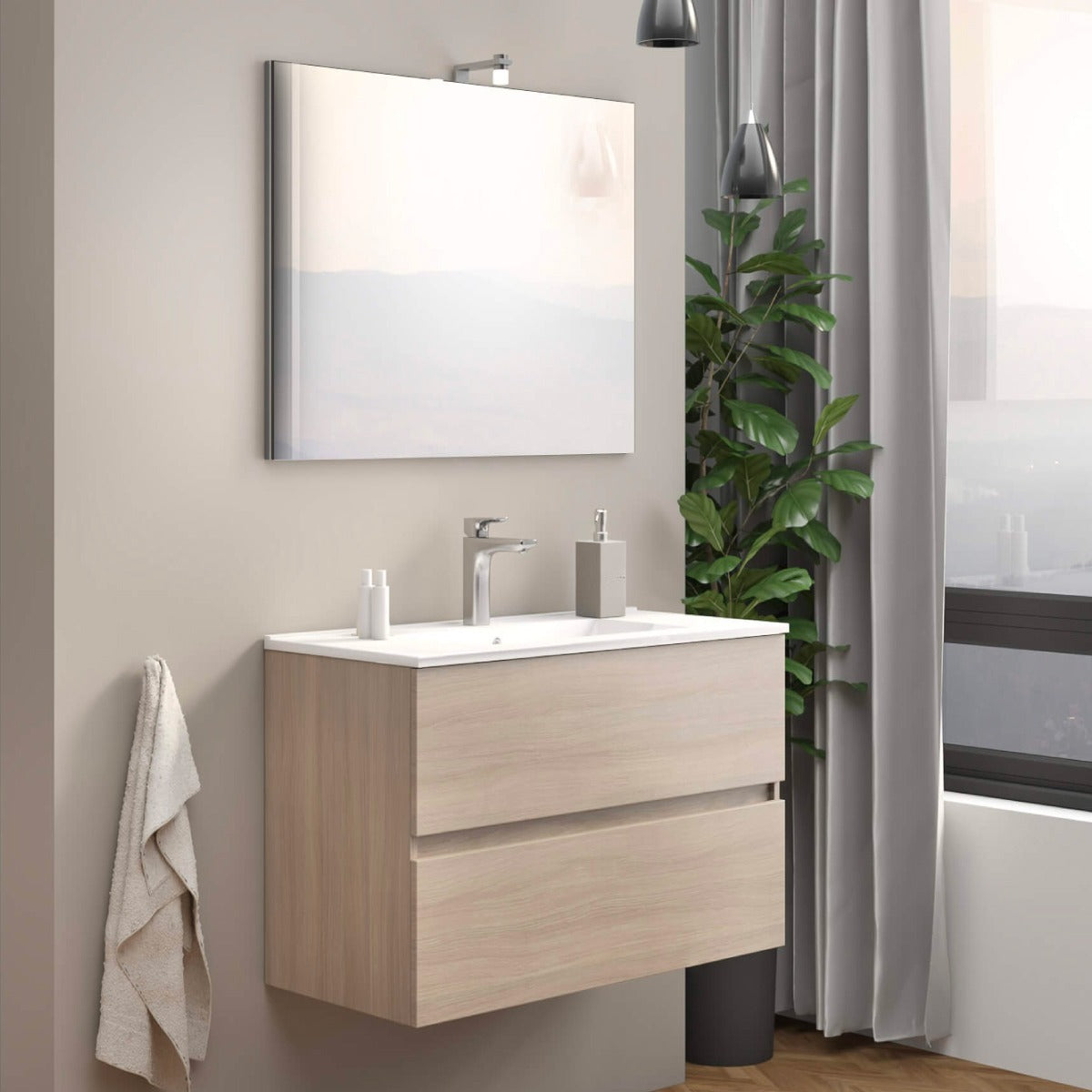 MOBILE BAGNO SOSPESO CON SPECCHIERA E LAVABO INTEGRATO MODELLO EASY 80CM